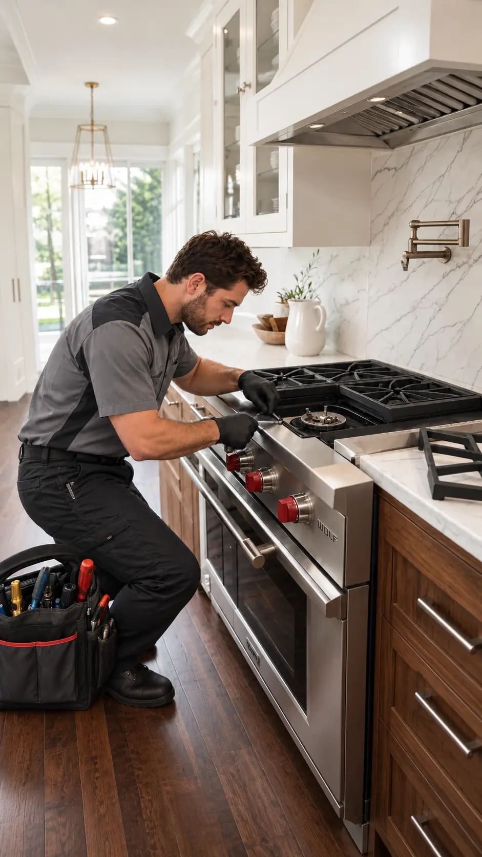 Technician working on a gas range in a kitchen